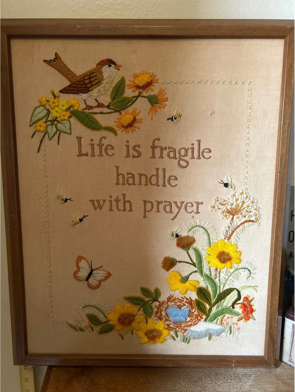 Framed Embroidered Wall Art 'Life is fragile handle with prayer'